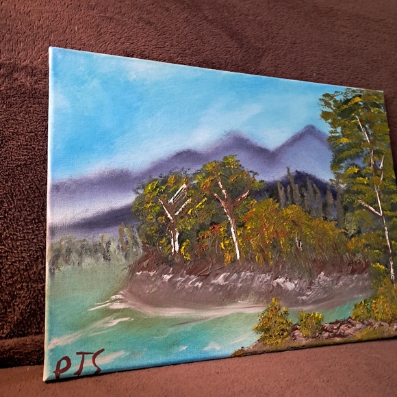 Bob Ross Inspired Oil Paint Hand Painted Canvas Misty Mountains - Picture 3 of 5